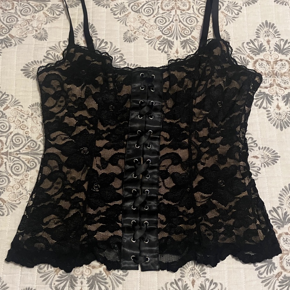 Express Black Lace Corset-Style Camisole with Nude Underlayer